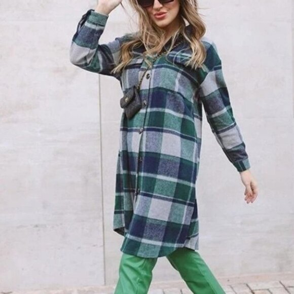 Boho Green Plaid Print Flap Pocket button down Duster Jacker Coat - Picture 1 of 9